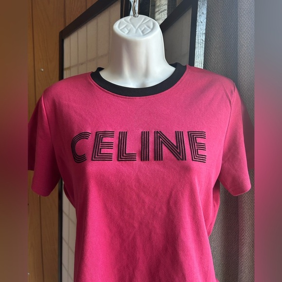 Celine Logo Ringer T-Shirt -Celine Women's Pink T-Shirt(NWT) S/M - Picture 1 of 6